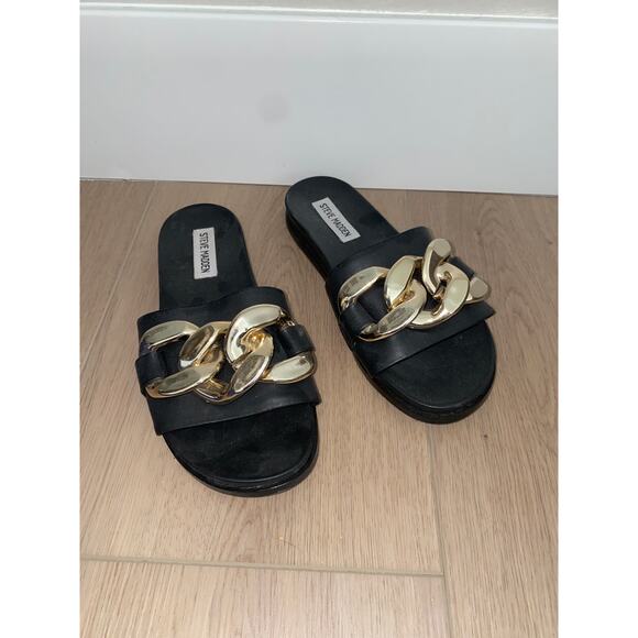 Steve Madden Delay Slide Sandal Gold Chain Black size 6 - Picture 1 of 5